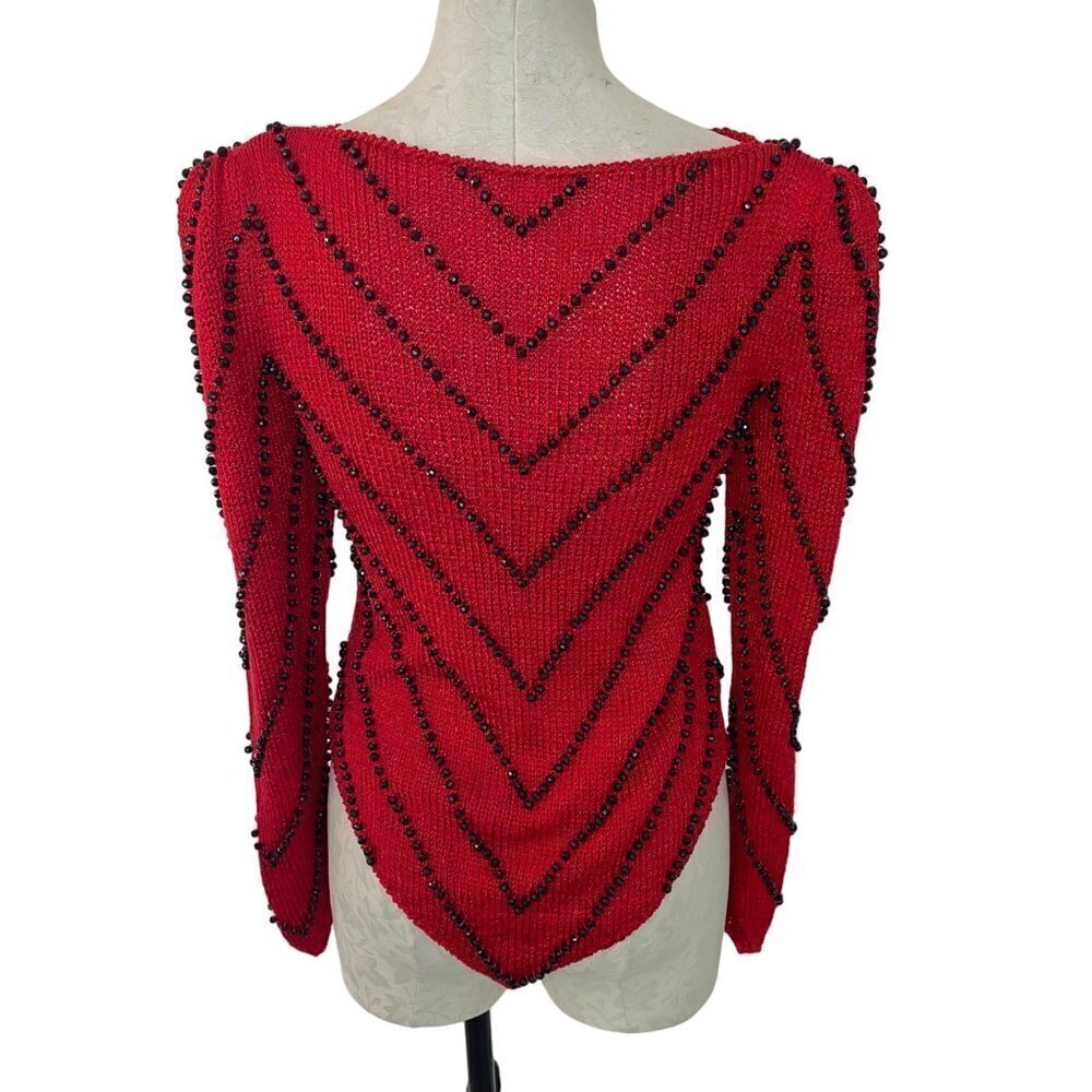 Vintage Womens Sweater Size Small Red Knit Jeweled Puff Shoulder Boat Neck